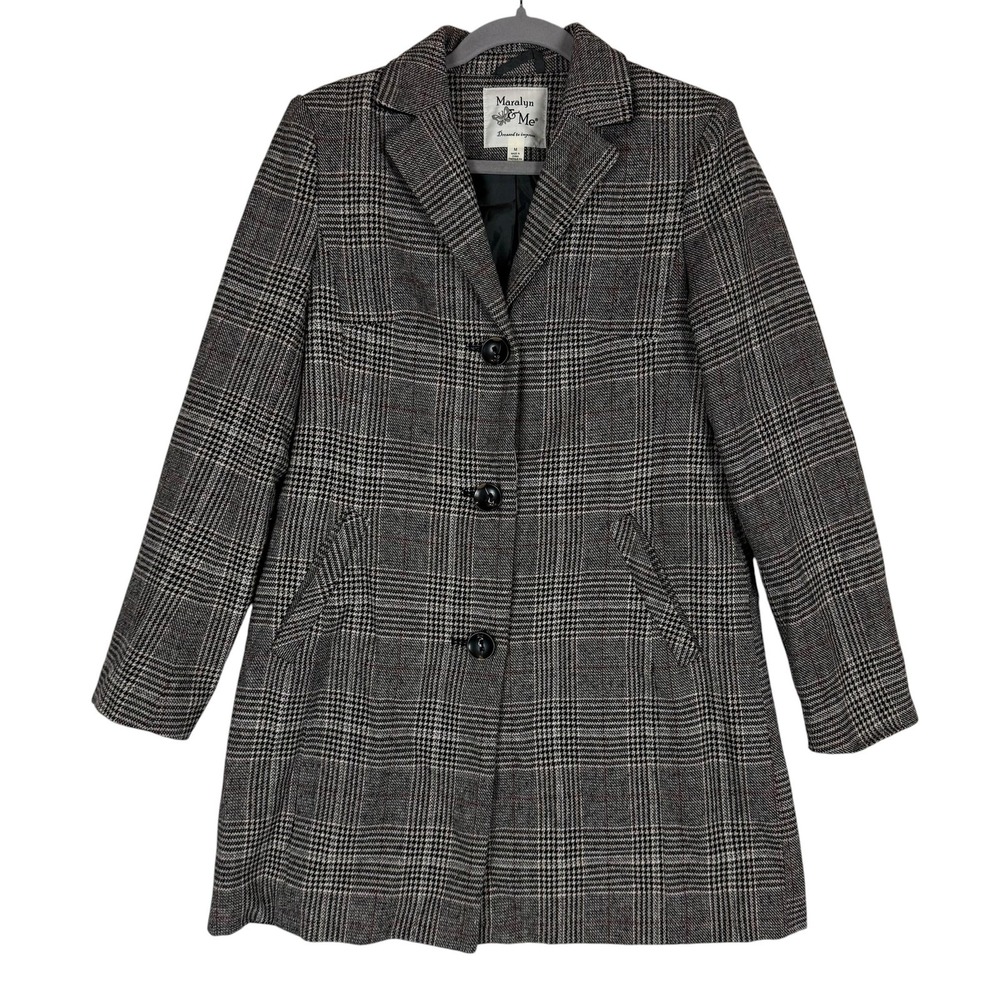Maralyn & Me Coat Womens Medium Gray Plaid Tweed Single Breasted Lined Classic